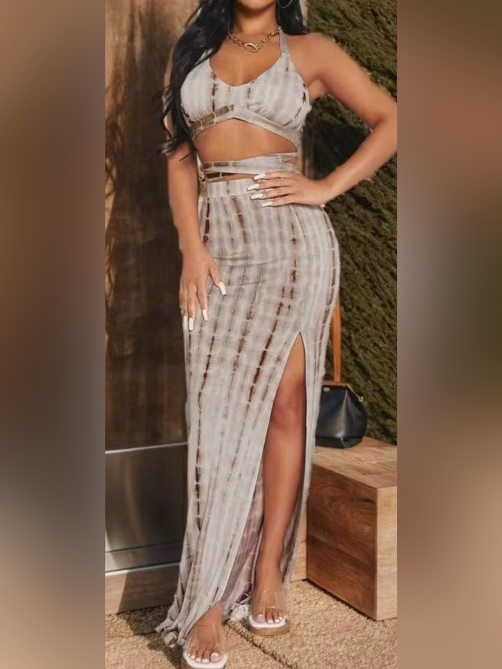 SHEIN Taupe Tie-Dye High-Slit Maxi Skirt